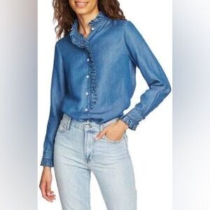 Court & Rowe Chambray Denim Ruffle Long Sleeve Button Down Blouse, Size XL
